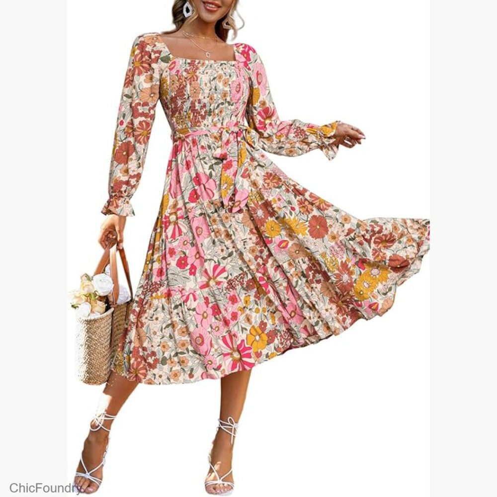 Long Sleeve Maxi Dress Square Neck Smocked Bodice Flowy Tiered Hem